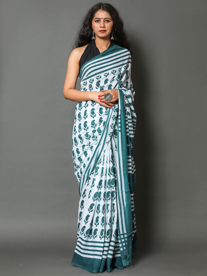 Buta Buti Sea Green Color Printed Pure Cotton Saree