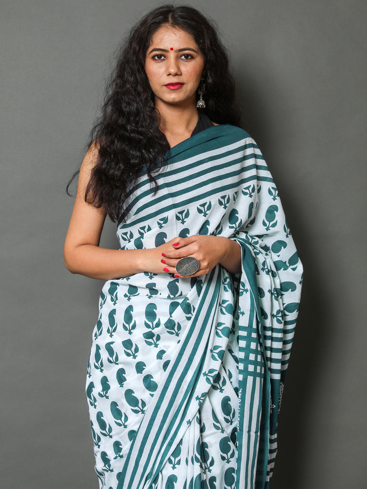 Buta Buti Sea Green Color Printed Pure Cotton Saree