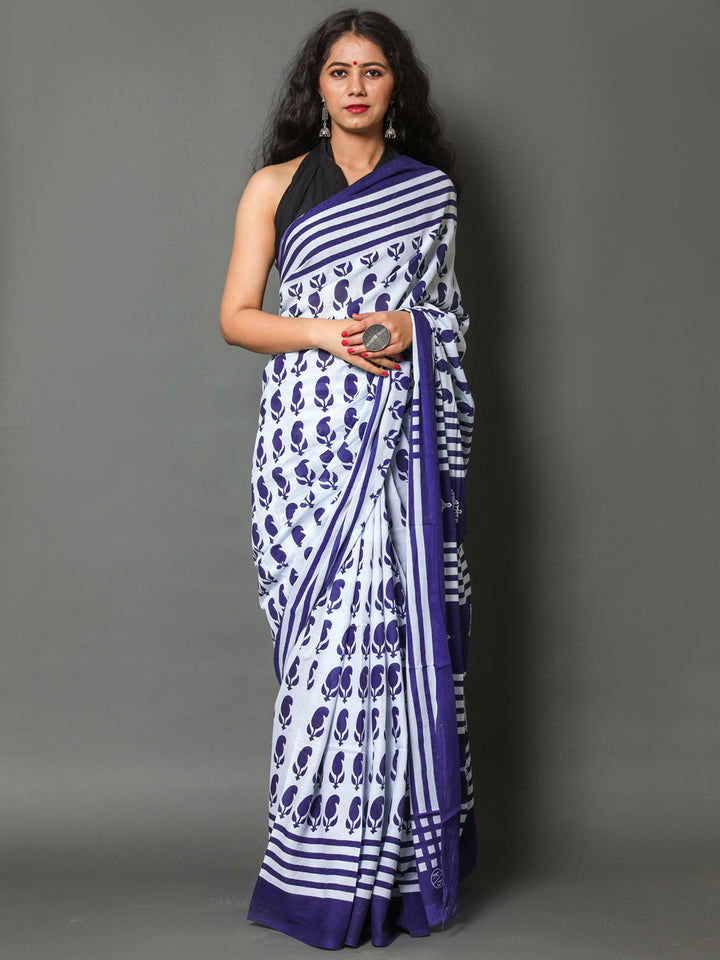 Buta Buti Navy Blue Color Printed Pure Cotton Saree