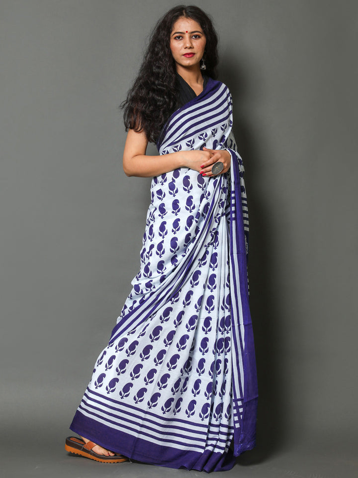 Buta Buti Navy Blue Color Printed Pure Cotton Saree