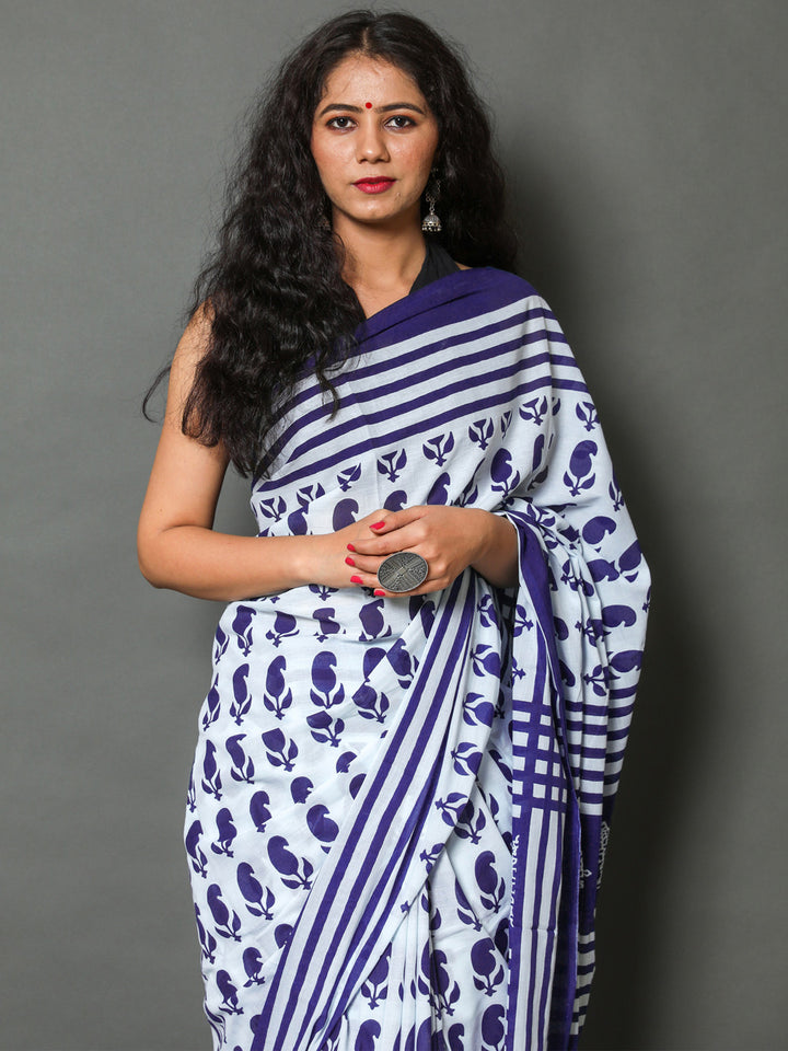 Buta Buti Navy Blue Color Printed Pure Cotton Saree