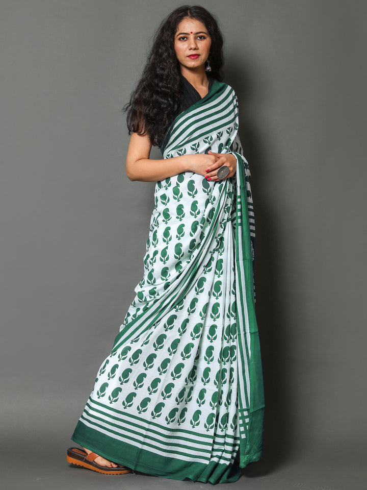 Buta Buti Green Color Printed Pure Cotton Saree