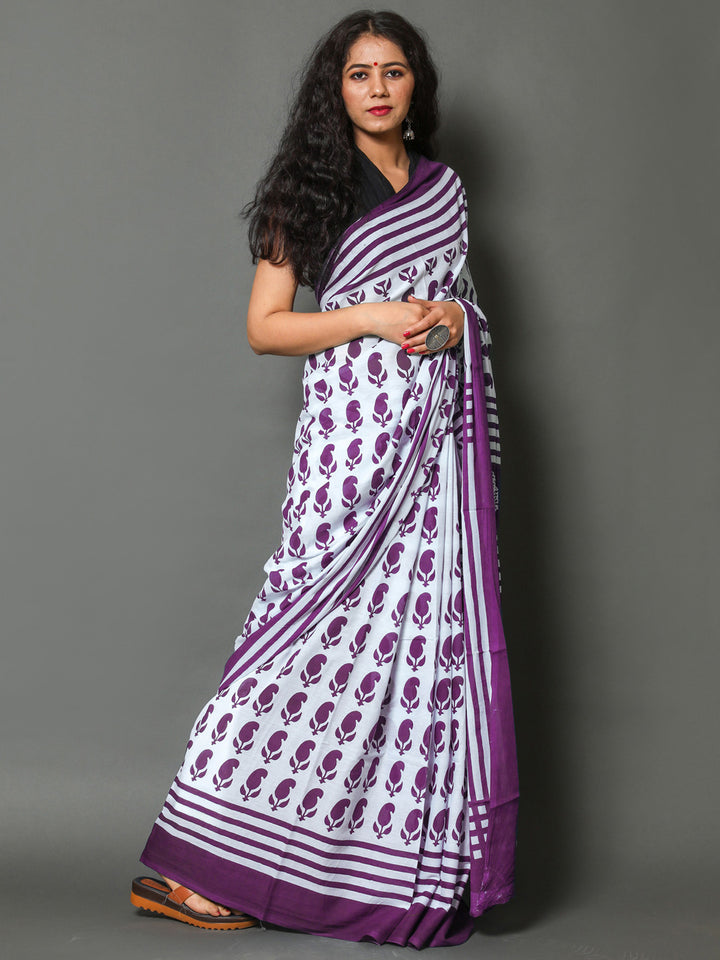 Buta Buti Lavender Color Printed Pure Cotton Saree