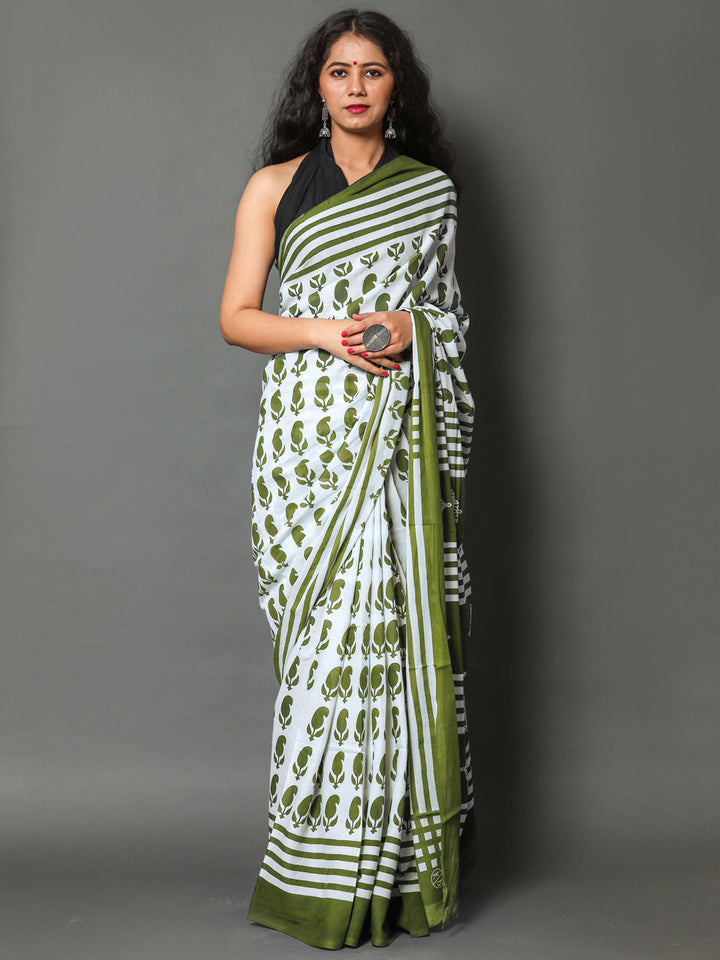 Buta Buti Olive Color Printed Pure Cotton Saree