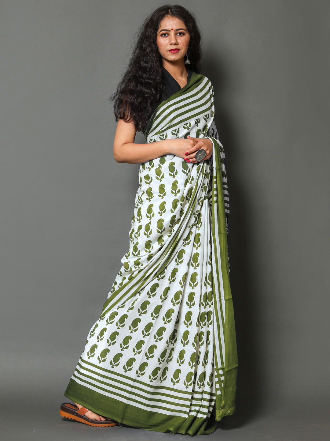 Buta Buti Olive Color Printed Pure Cotton Saree