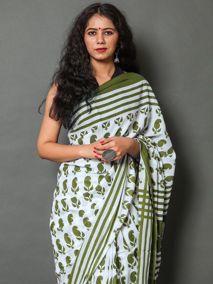 Buta Buti Olive Color Printed Pure Cotton Saree