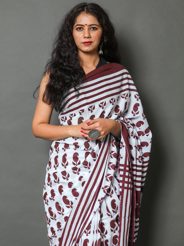 Buta Buti Maroon Color Printed Pure Cotton Saree