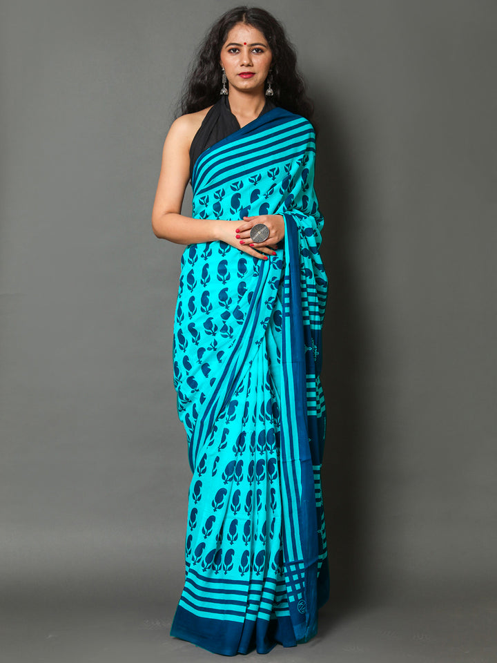 Buta Buti Blue Color Printed Pure Cotton Saree