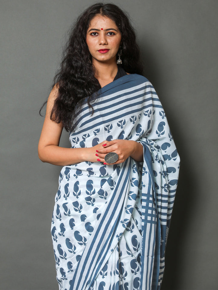 Buta Buti Blue Color Printed Pure Cotton Saree