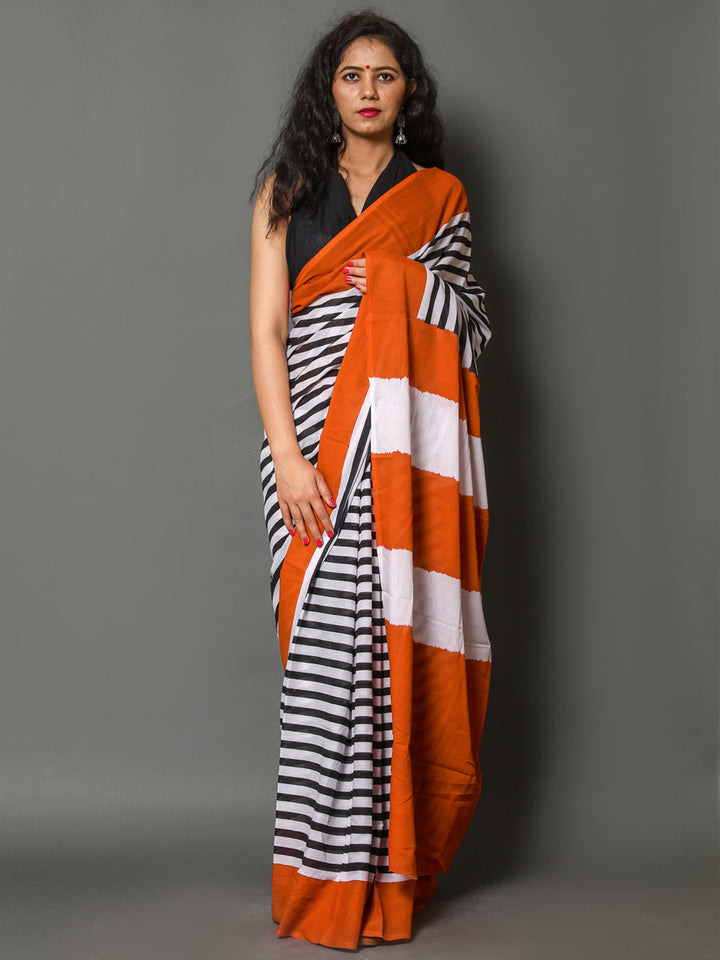 Buta Buti Orange Color Printed Pure Cotton Saree