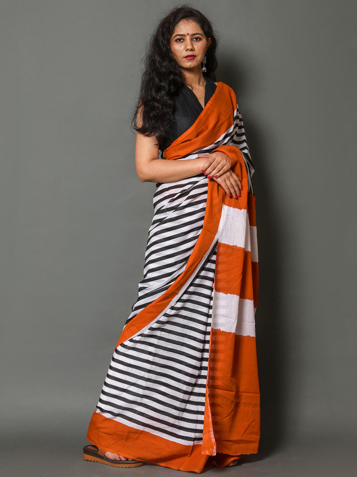 Buta Buti Orange Color Printed Pure Cotton Saree