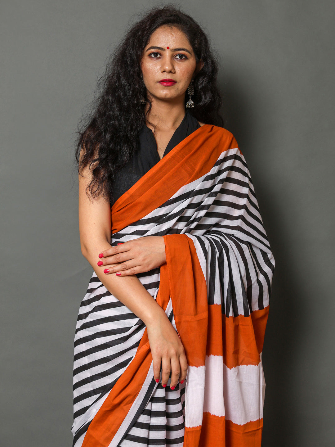 Buta Buti Orange Color Printed Pure Cotton Saree