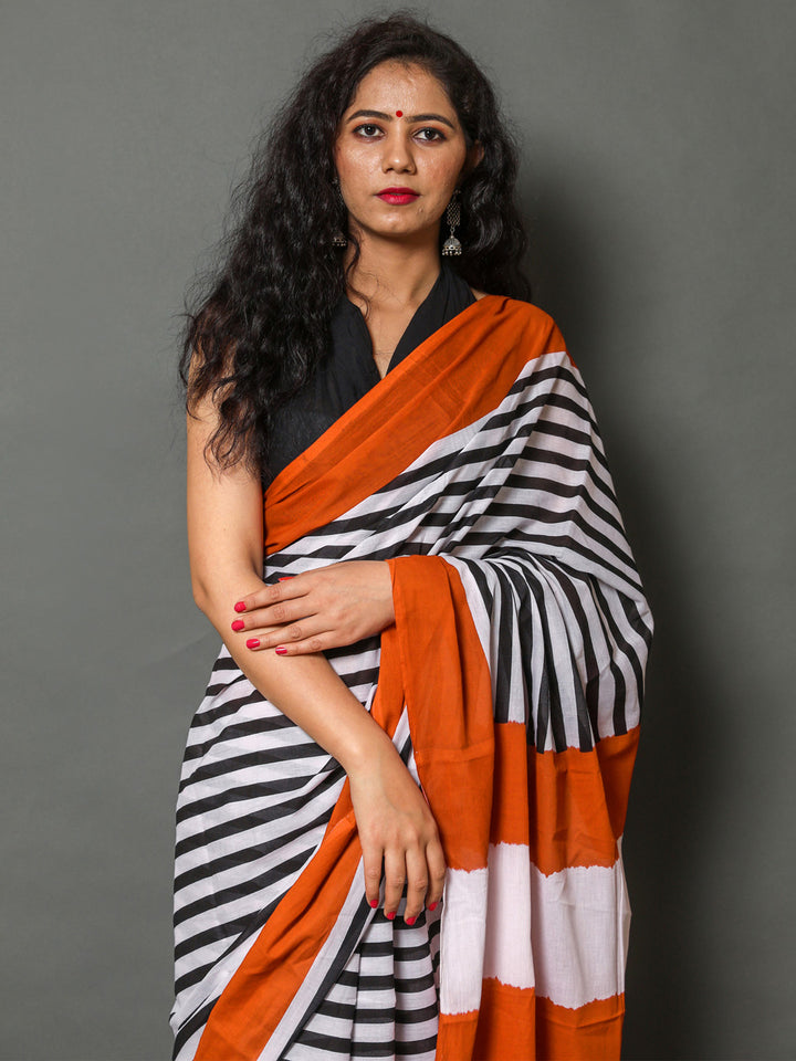 Buta Buti Orange Color Printed Pure Cotton Saree