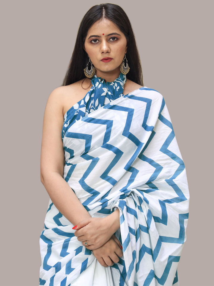 Buta Buti Blue Color Printed Pure Cotton Saree