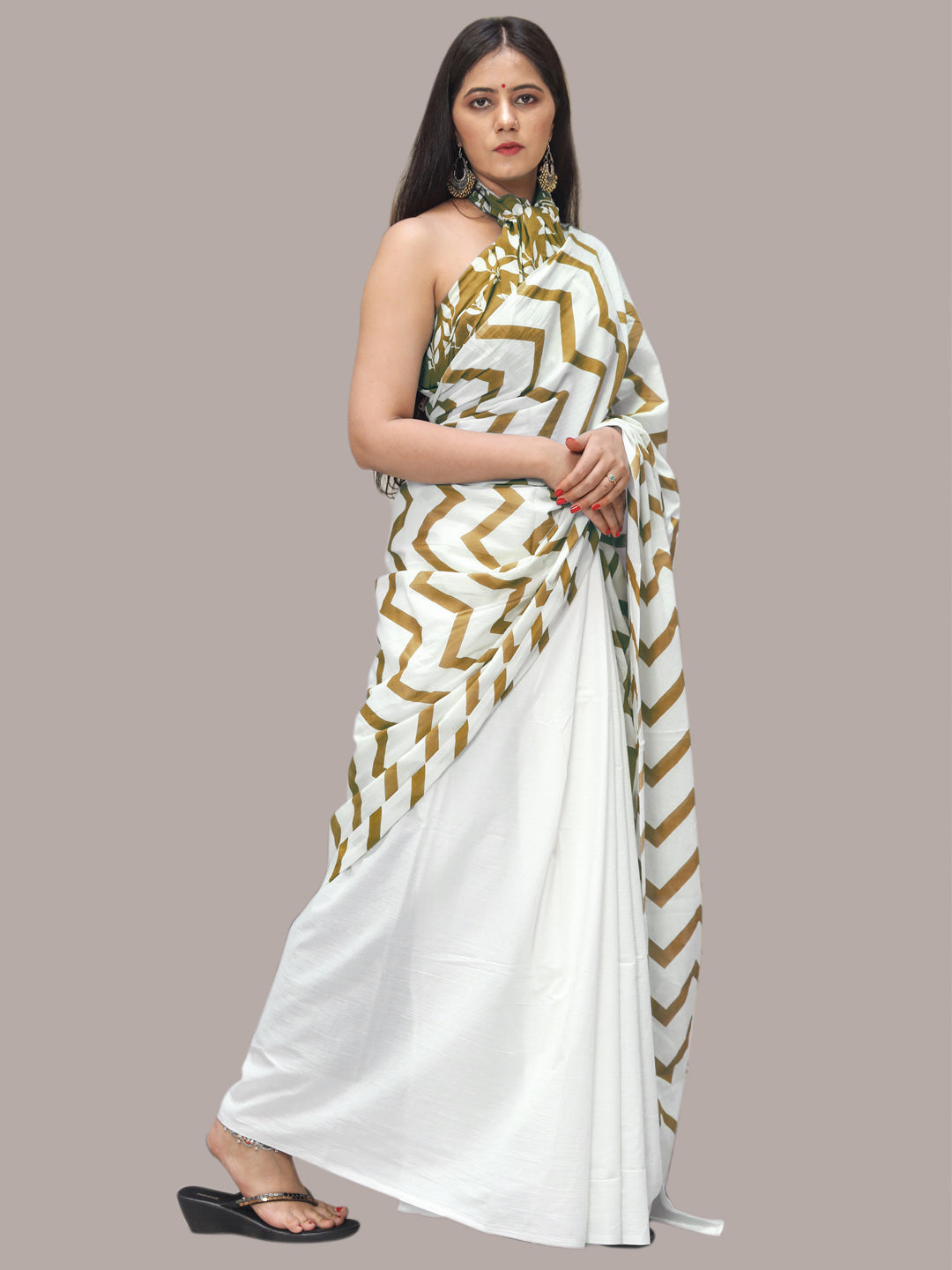 Buta Buti Olive Color Printed Pure Cotton Saree