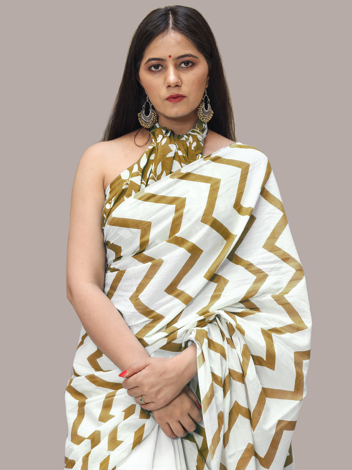 Buta Buti Olive Color Printed Pure Cotton Saree