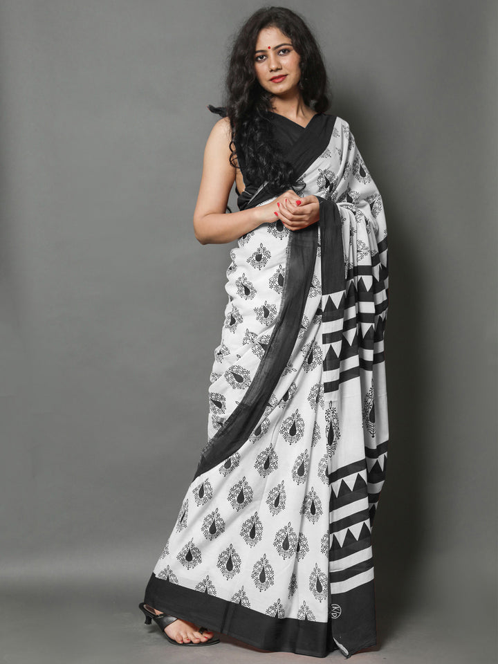 Buta Buti Black Color Printed Pure Cotton Saree