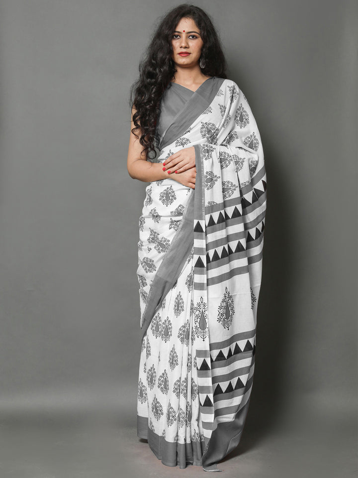 Buta Buti Grey Color Printed Pure Cotton Saree