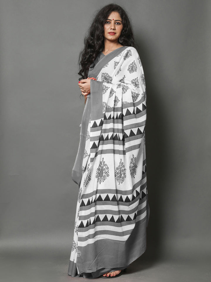 Buta Buti Grey Color Printed Pure Cotton Saree