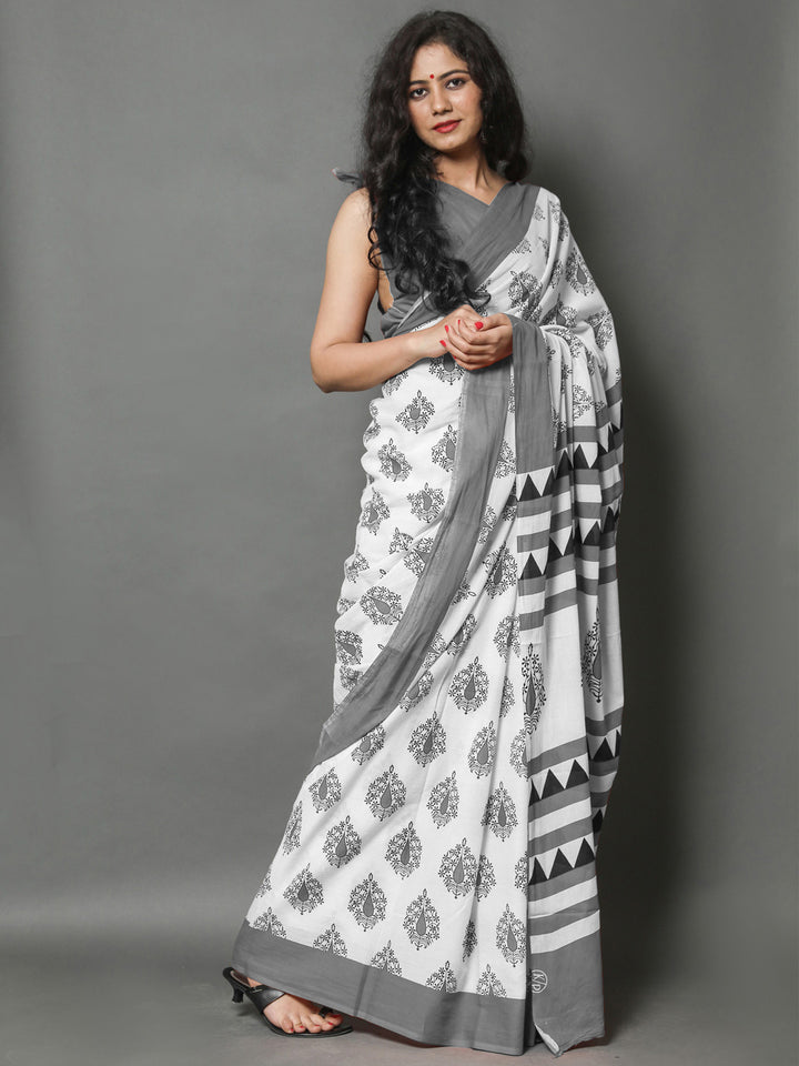 Buta Buti Grey Color Printed Pure Cotton Saree