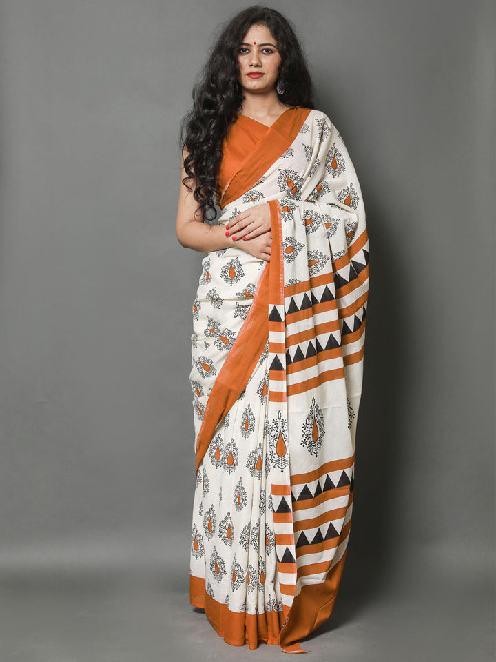 Buta Buti Orange Color Printed Pure Cotton Saree