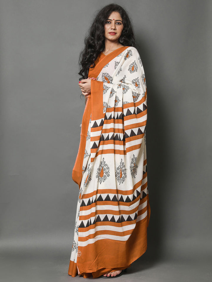 Buta Buti Orange Color Printed Pure Cotton Saree