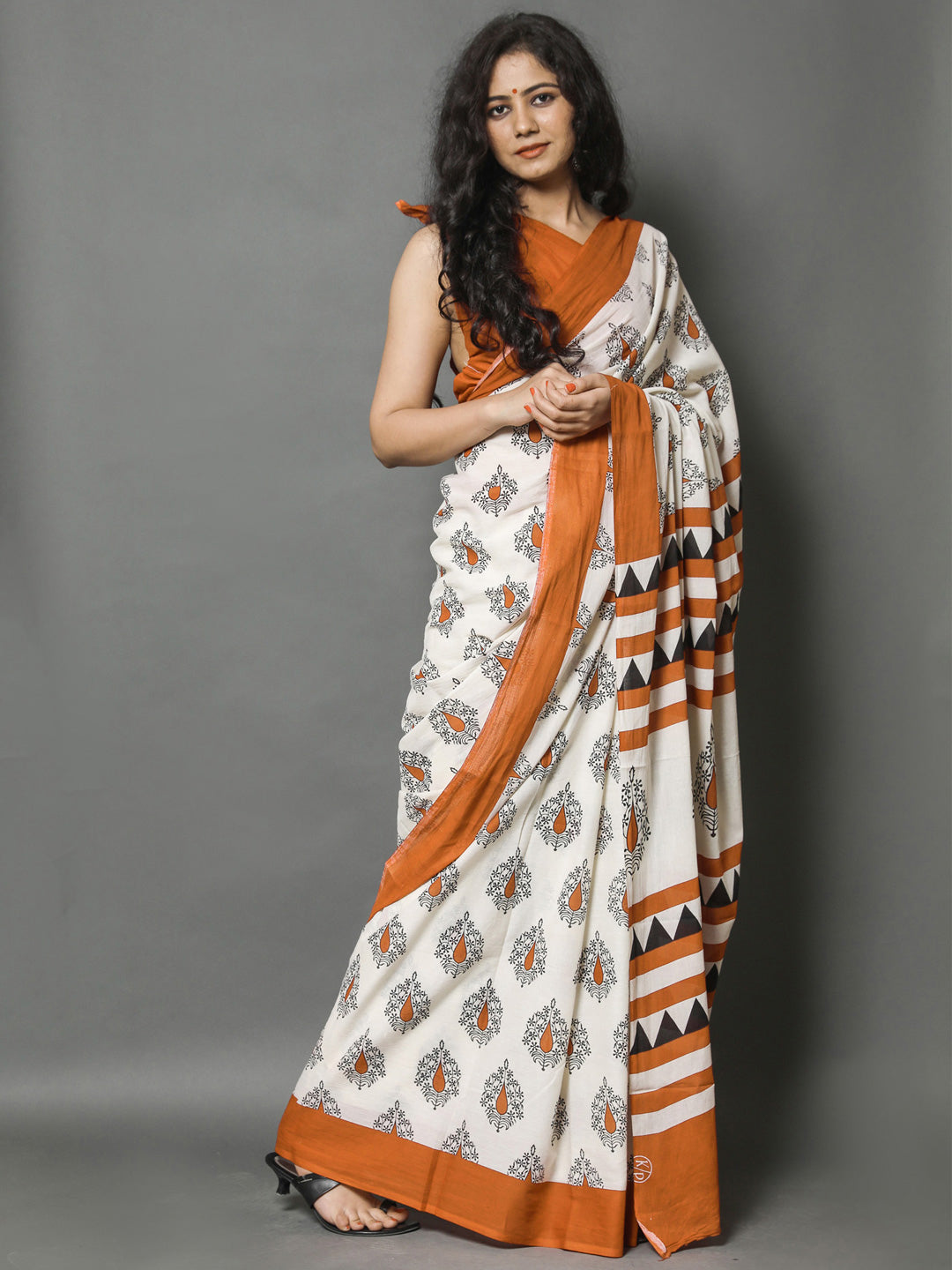 Buta Buti Orange Color Printed Pure Cotton Saree