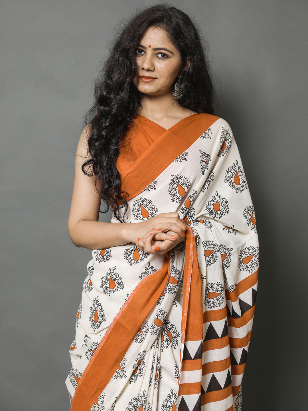 Buta Buti Orange Color Printed Pure Cotton Saree