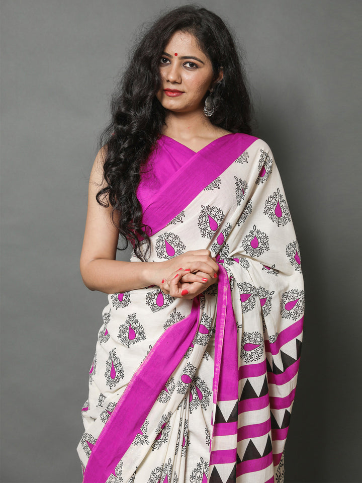 Buta Buti Pink Color Printed Pure Cotton Saree