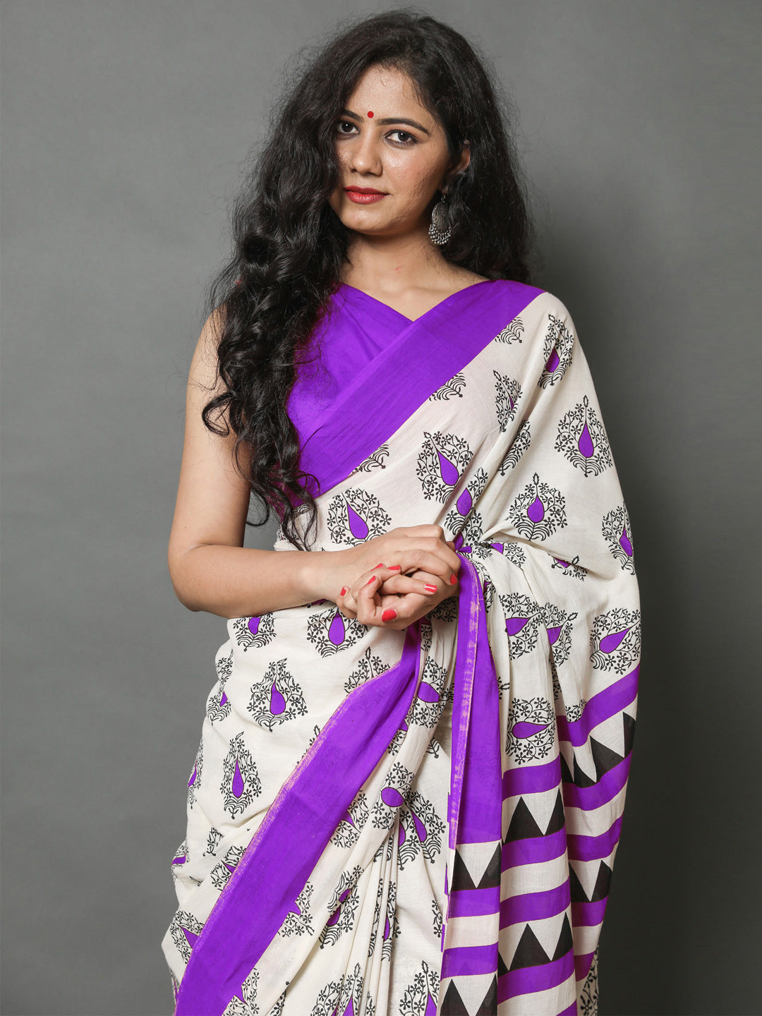 Buta Buti Purple Color Printed Pure Cotton Saree