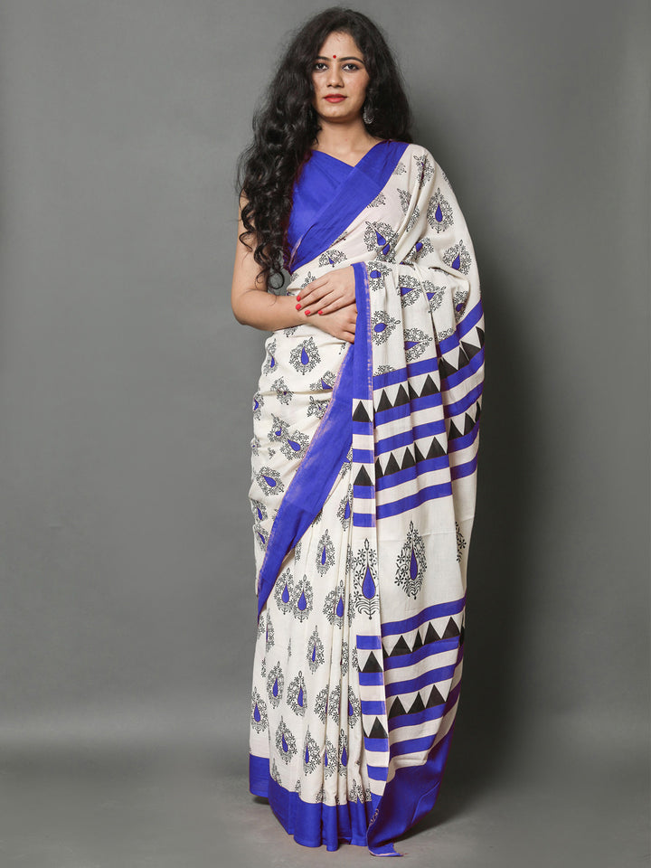 Buta Buti Blue Color Printed Pure Cotton Saree