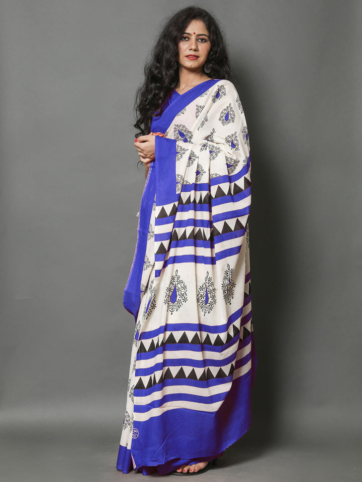 Buta Buti Blue Color Printed Pure Cotton Saree