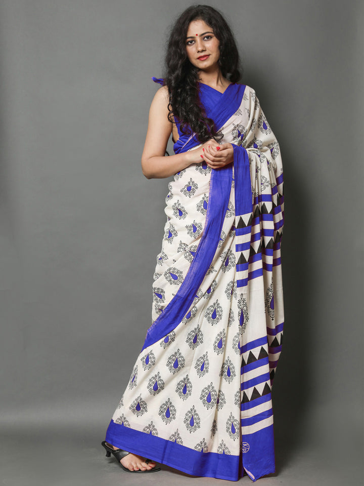 Buta Buti Blue Color Printed Pure Cotton Saree