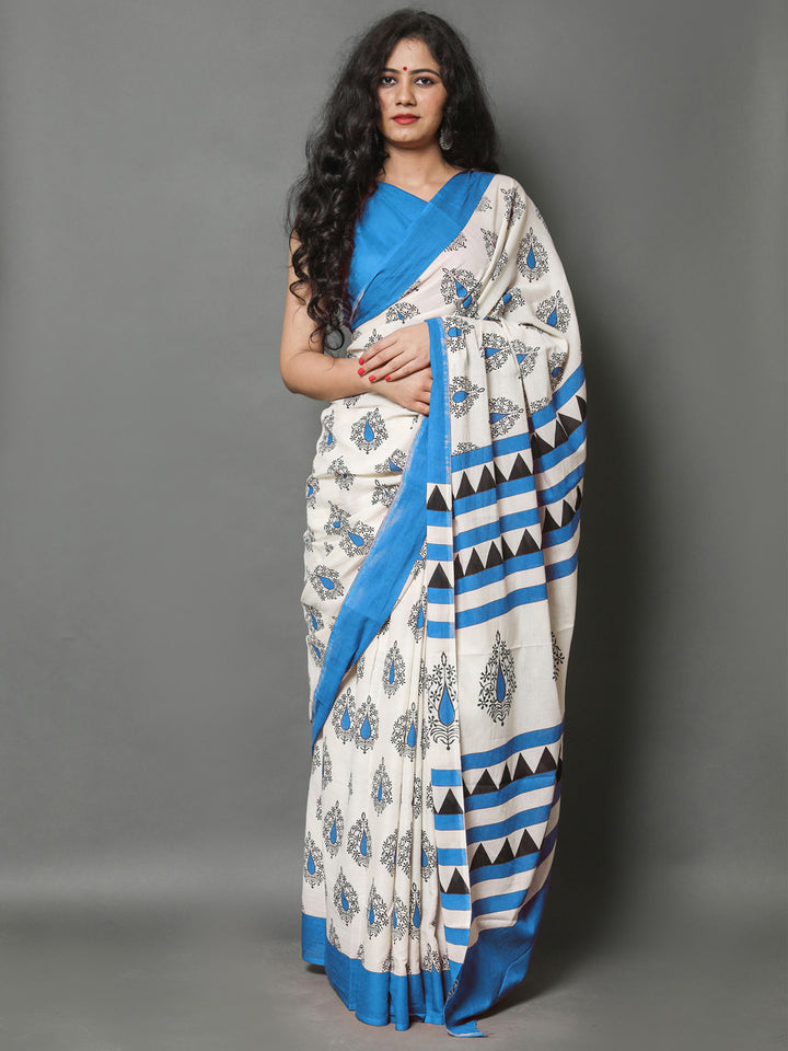 Buta Buti Blue Color Printed Pure Cotton Saree