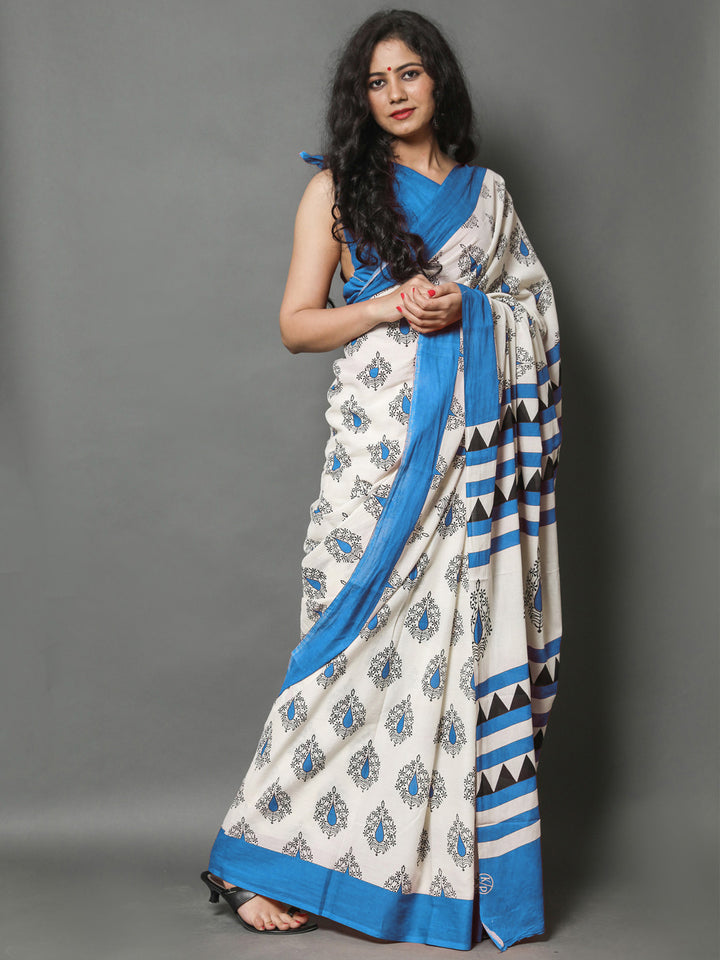 Buta Buti Blue Color Printed Pure Cotton Saree