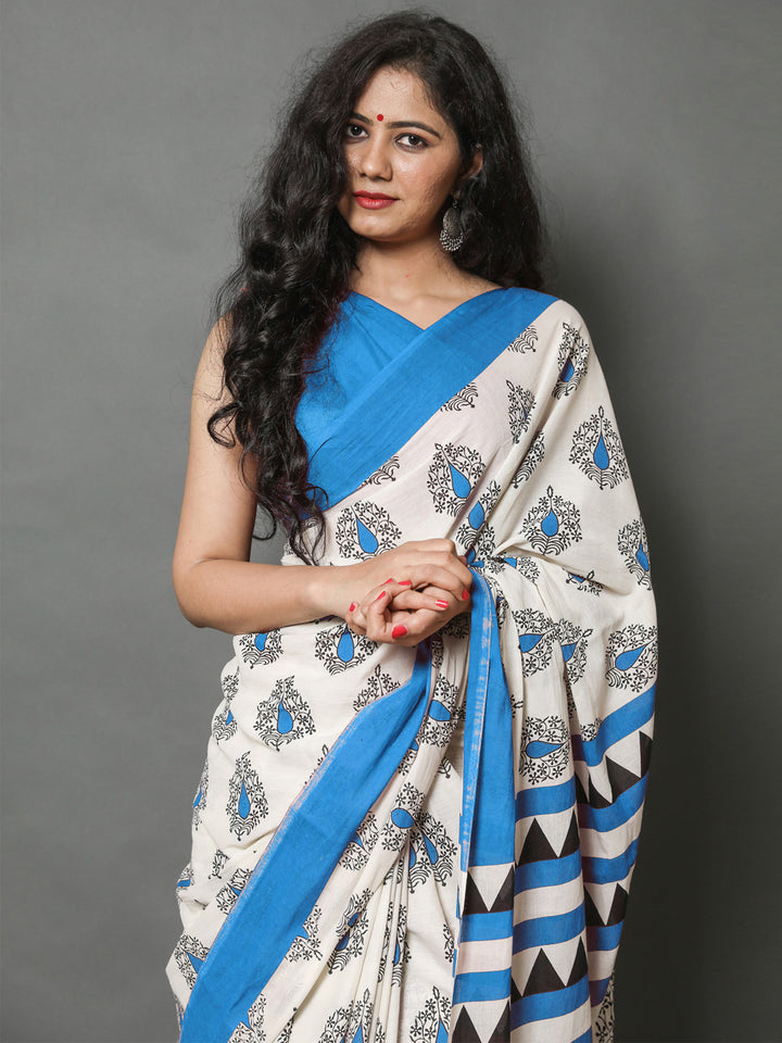 Buta Buti Blue Color Printed Pure Cotton Saree