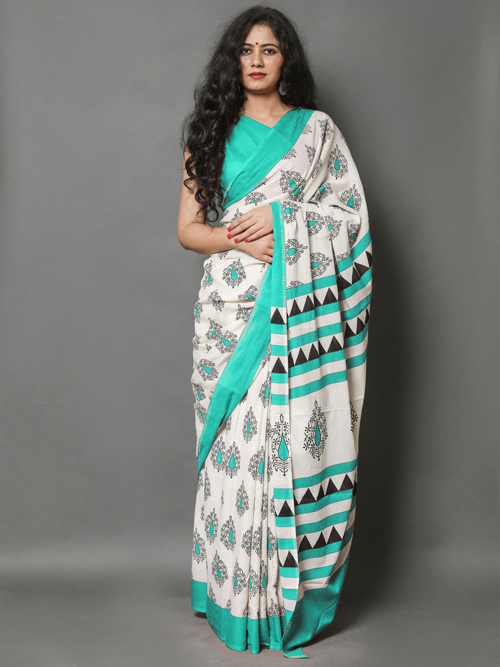 Buta Buti Sea Green Color Printed Pure Cotton Saree