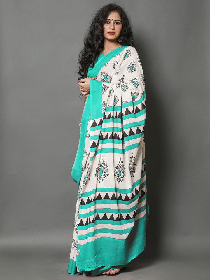 Buta Buti Sea Green Color Printed Pure Cotton Saree