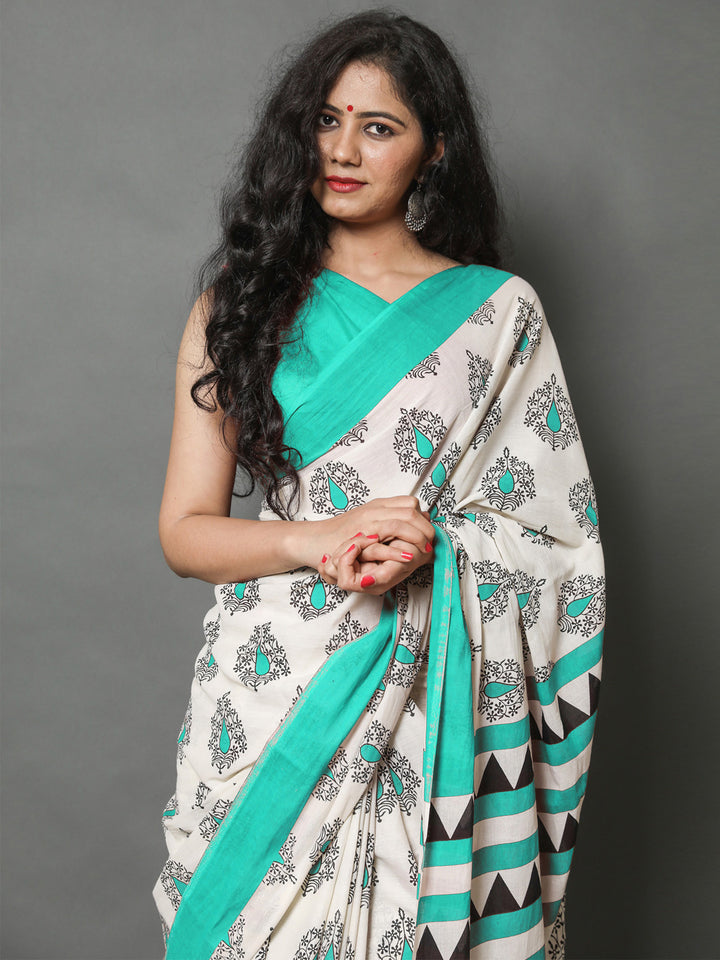 Buta Buti Sea Green Color Printed Pure Cotton Saree