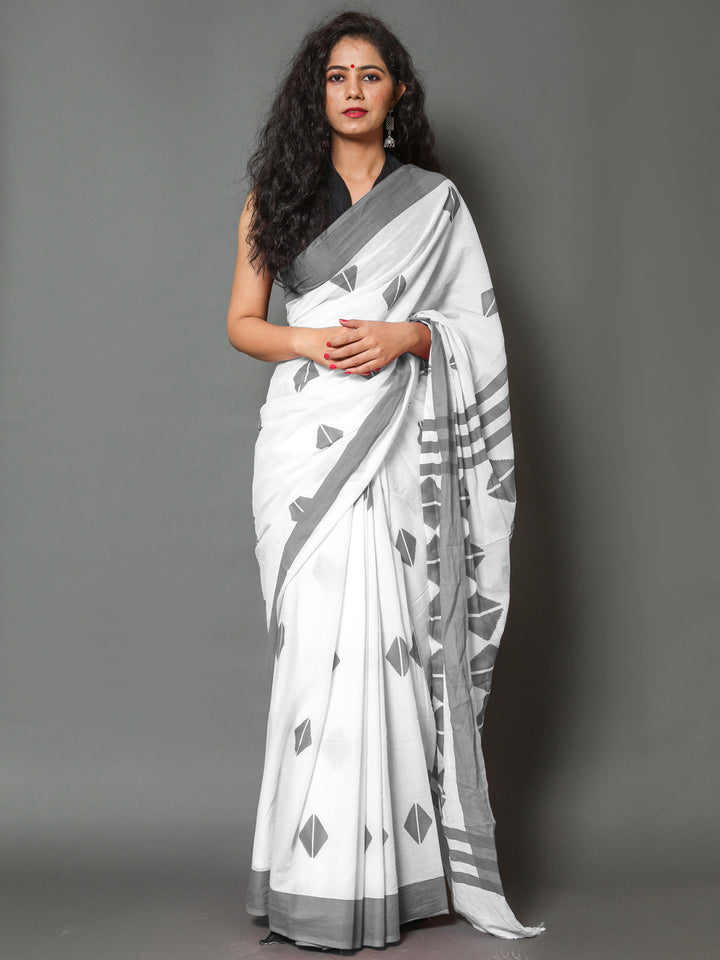 Buta Buti Grey Color Printed Pure Cotton Saree