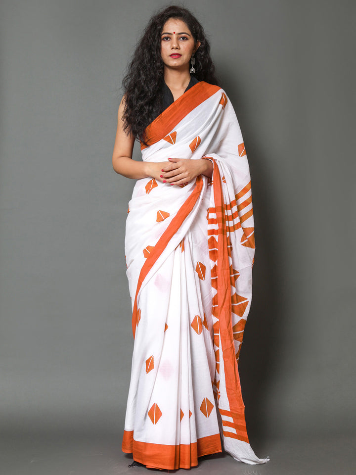 Buta Buti Orange Color Printed Pure Cotton Saree