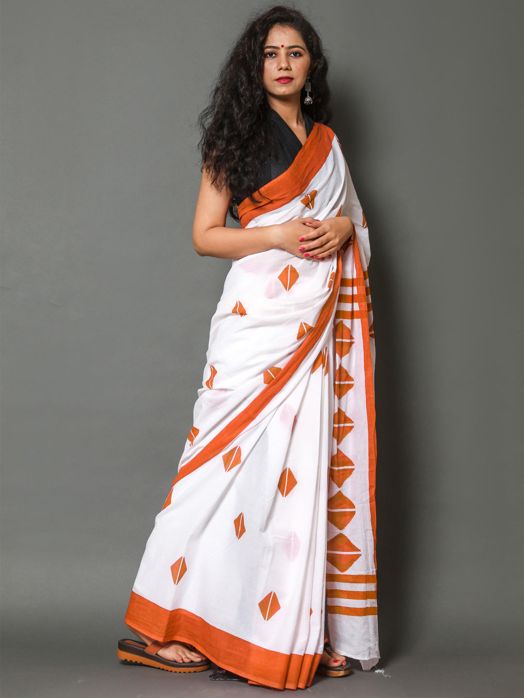 Buta Buti Orange Color Printed Pure Cotton Saree