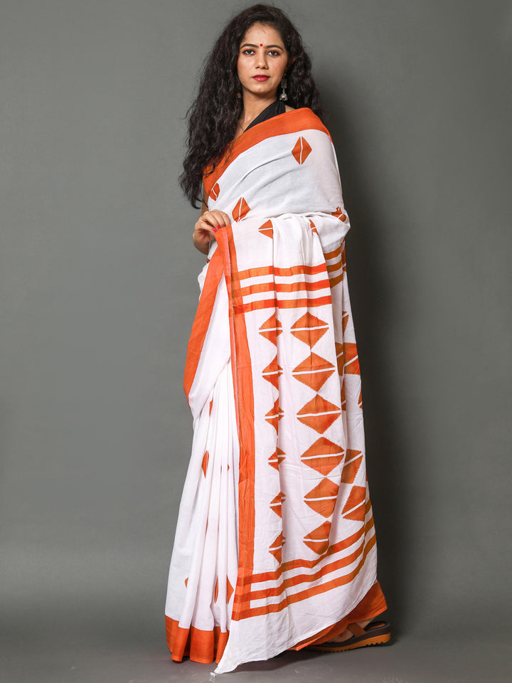 Buta Buti Orange Color Printed Pure Cotton Saree