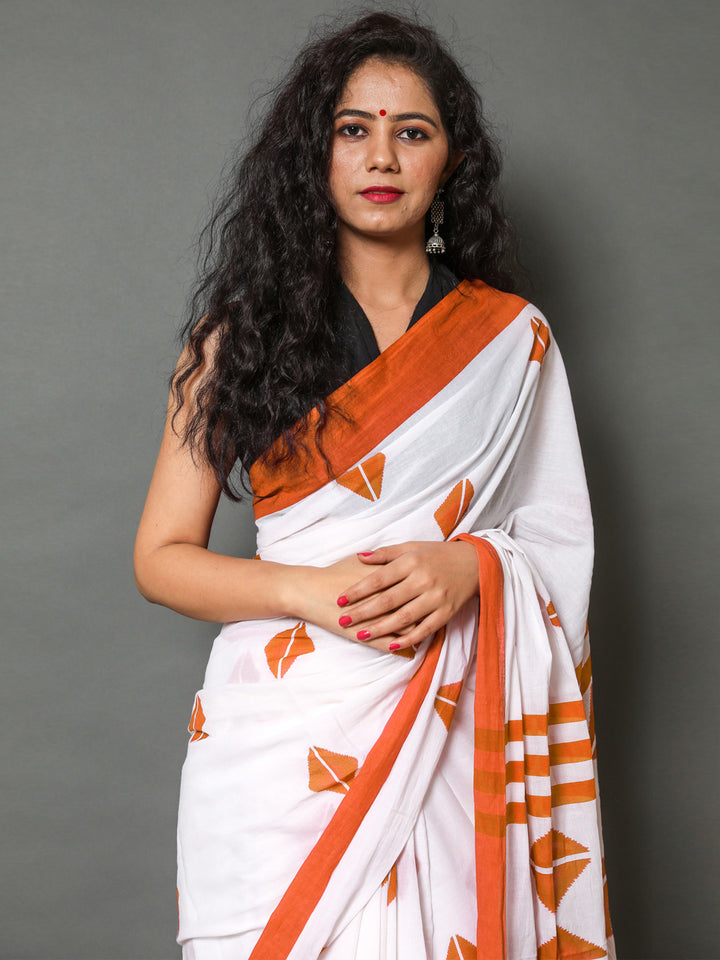 Buta Buti Orange Color Printed Pure Cotton Saree