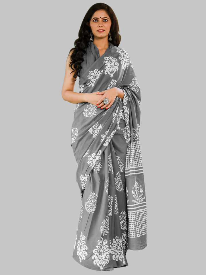 Buta Buti Grey Color Printed Pure Cotton Saree