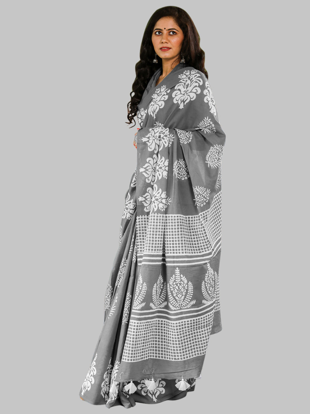 Buta Buti Grey Color Printed Pure Cotton Saree