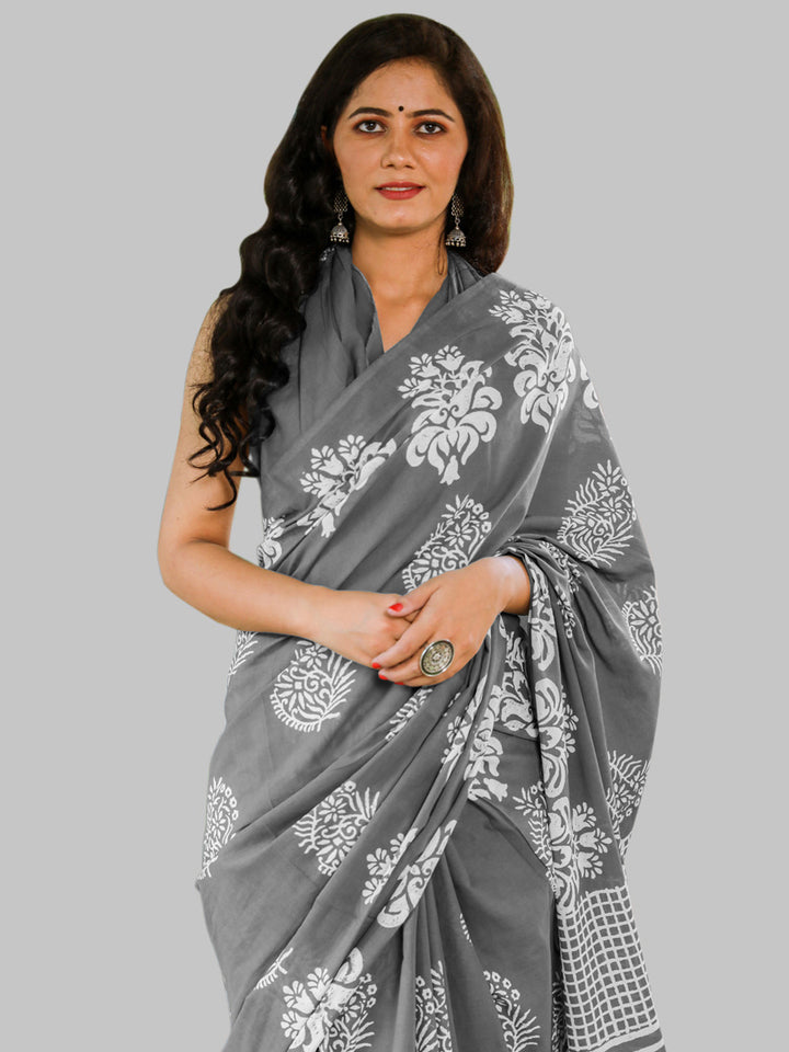 Buta Buti Grey Color Printed Pure Cotton Saree