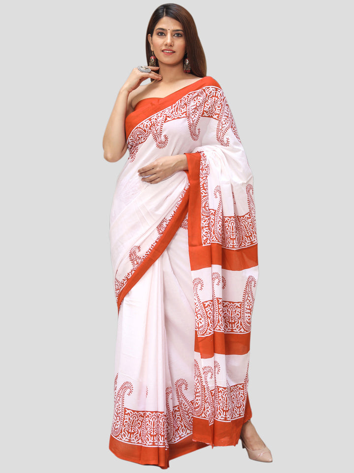 Buta Buti Orange Color Printed Pure Cotton Saree