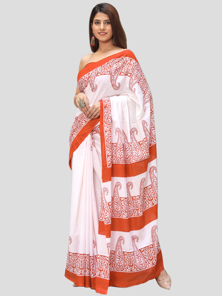 Buta Buti Orange Color Printed Pure Cotton Saree