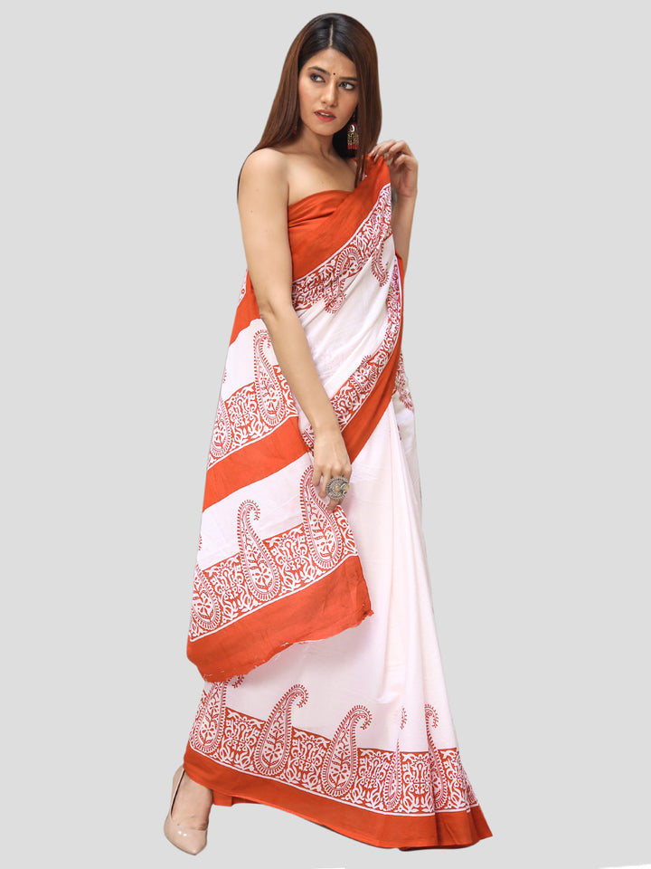 Buta Buti Orange Color Printed Pure Cotton Saree